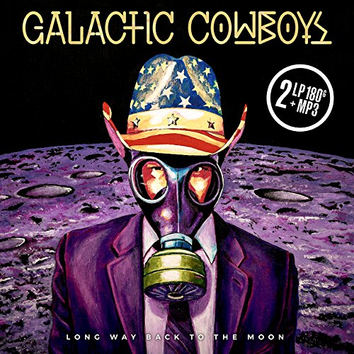 "Vinyl album cover featuring a suited figure with gas mask and cowboy hat."
