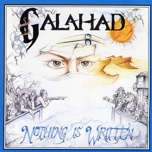 CD cover art: eyes, sun, figures, and ornate lettering for Galahad’s “Nothing Is Written”.