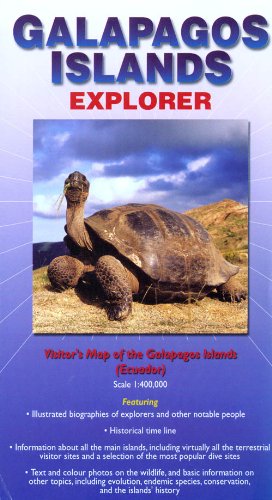 Cover of Galapagos Islands Explorer map featuring a giant tortoise on a blue background.