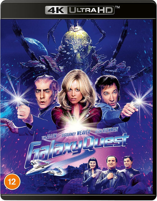 Galaxy Quest" Blu-ray cover featuring actors, a spaceship, and an alien.