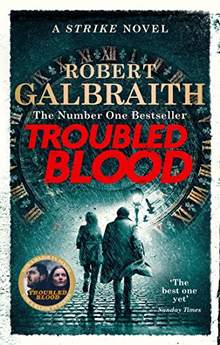 Book cover: “Troubled Blood” by Robert Galbraith, featuring a clock and figures.