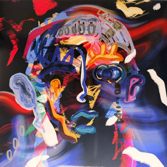 Abstract portrait with bold brushstrokes in blue, orange, and white.