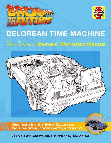 Line drawing of the Back to the Future DeLorean time machine manual cover.