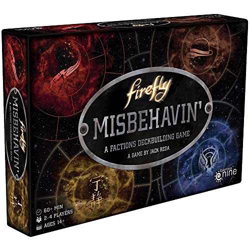 Box for "Firefly: Misbehavin'," a deckbuilding game with a space theme.