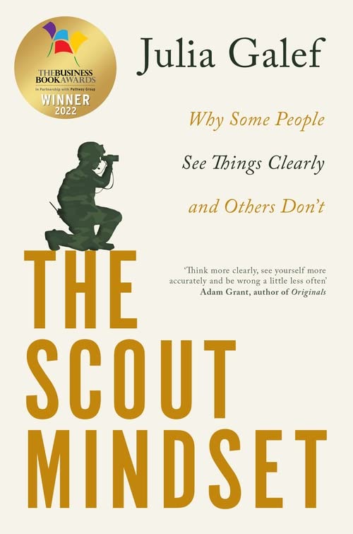 Book cover: "The Scout Mindset" by Julia Galef, with a silhouette of a scout.