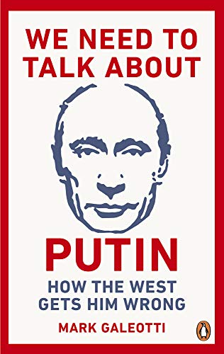 "Book cover with red border, white background, and blue illustration of Putin's face."