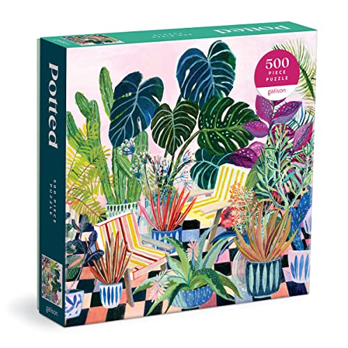 Galison 500-piece jigsaw puzzle box featuring a vibrant illustration of potted plants and chairs.