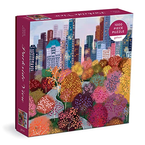 Puzzle box depicting a colorful cityscape with autumn trees.