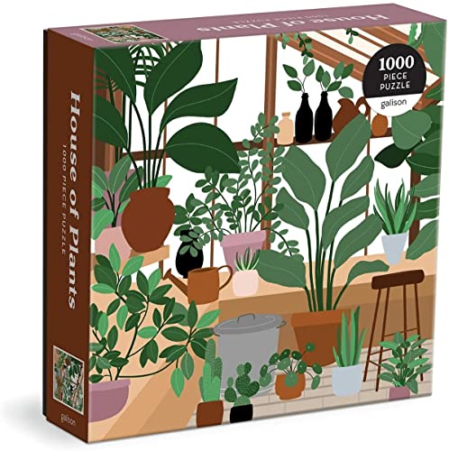 Jigsaw puzzle box depicting a colorful, illustrated indoor greenhouse scene.