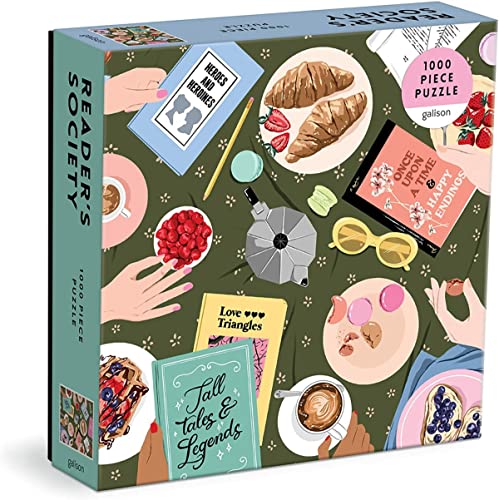 A 1000-piece jigsaw puzzle box featuring an illustration of books, coffee, and pastries.