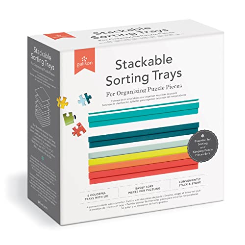 Box for Galison stackable puzzle sorting trays featuring six colorful trays and a lid.