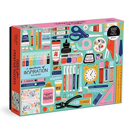 Box for a 1000-piece jigsaw puzzle depicting colorful art supplies.
