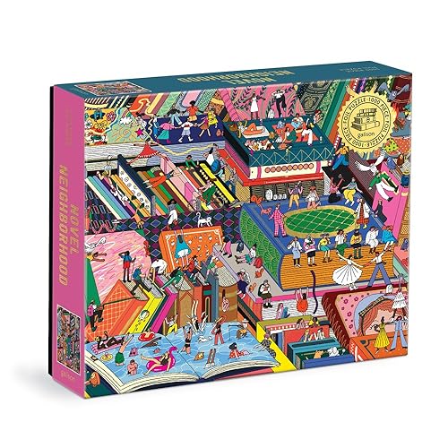 A 1000-piece jigsaw puzzle box featuring a colorful, illustrated neighborhood made of giant books.