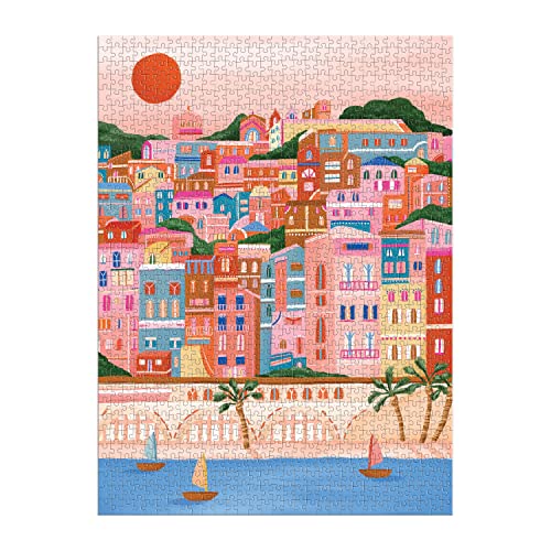 Colorful illustration of a coastal town with buildings, boats, and a sun.