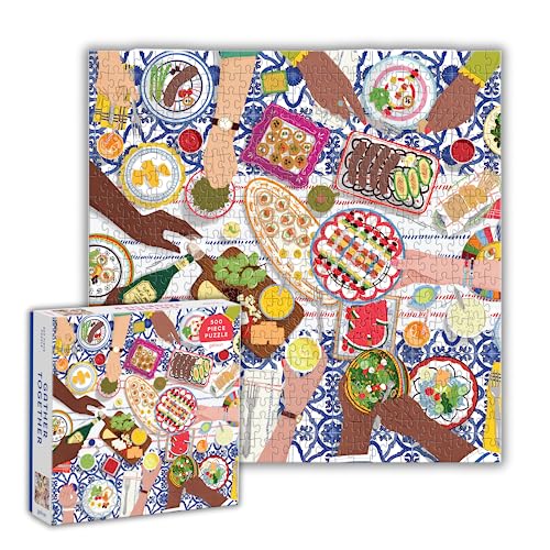500-piece jigsaw puzzle depicting hands reaching for food on patterned tile.