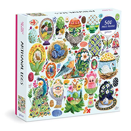 Box for a 500-piece jigsaw puzzle depicting colorful, decorated eggs and birds.