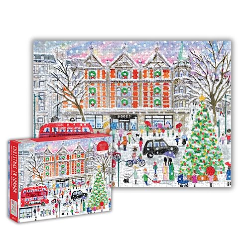A jigsaw puzzle depicting a snowy London street scene with a Christmas tree.
