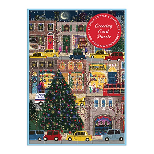 Festive street scene jigsaw puzzle with a Christmas tree and city buildings.