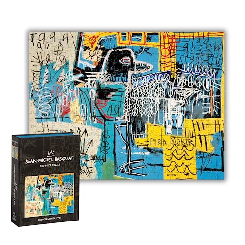 Jean-Michel Basquiat Bird on Money jigsaw puzzle and its box on white background.