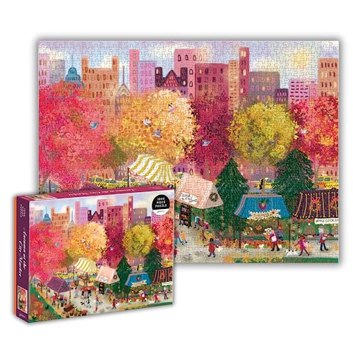 A 1000-piece jigsaw puzzle box featuring a vibrant autumn city market scene with trees.