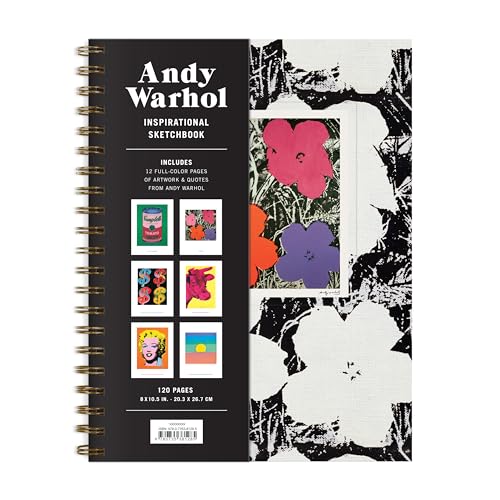Black sketchbook with Warhol’s pop art flowers and Campbell’s soup can.