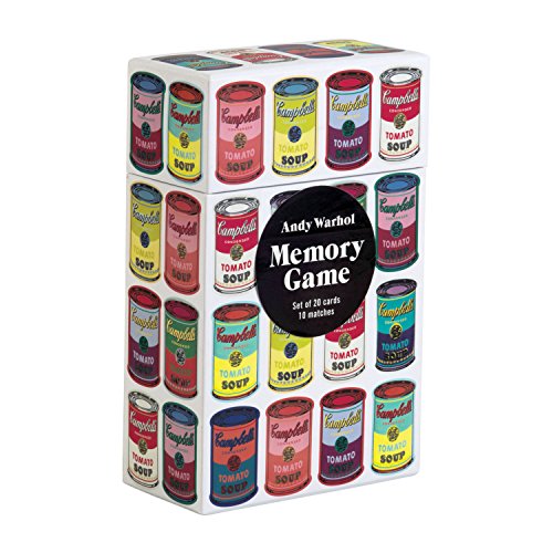 Stack of boxed Andy Warhol memory game featuring Campbell’s Soup cans.