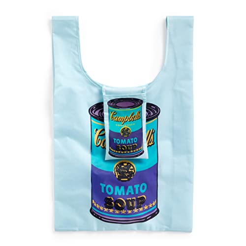 Blue tote bag with a repeating image of Warhol’s Campbell’s soup can.