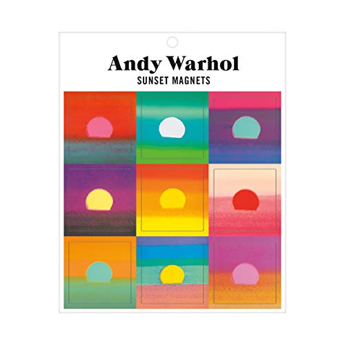 Colorful sunset artwork by Andy Warhol on a magnet packaging card.