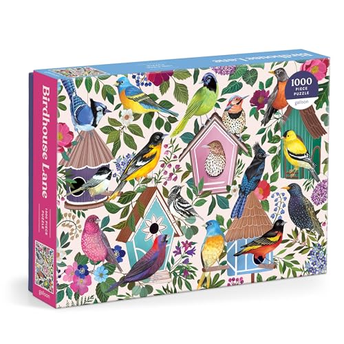 Box for 1000-piece puzzle depicting colorful birds and birdhouses.