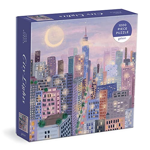Box for 1000-piece puzzle depicting a colorful, illustrated cityscape at night.