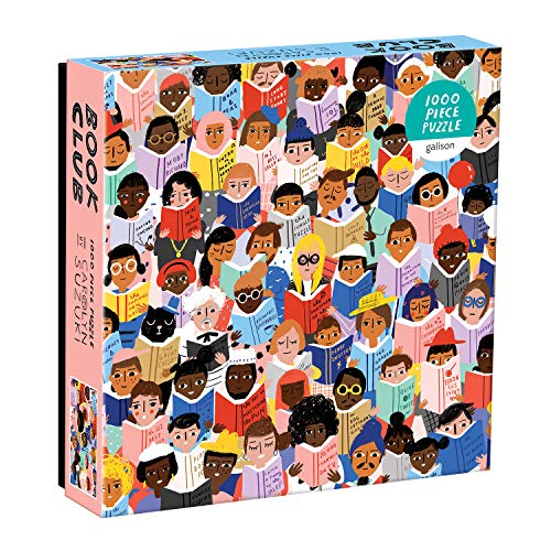 1000-piece puzzle depicting diverse people reading books, in a pink box.