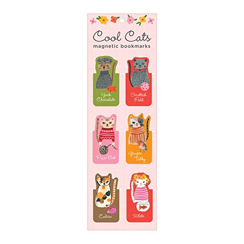 Cool cat illustrations on rectangular bookmarks with magnets, various colors and designs.