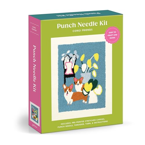 Punch needle kit box featuring two corgi dogs with flowers.