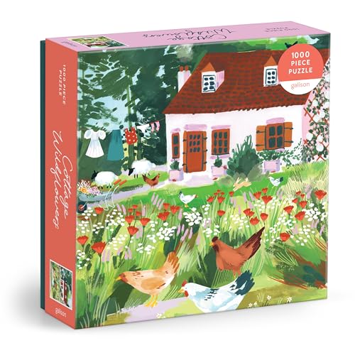 Cottage scene with wildflowers, chickens, and sheep on a puzzle box.