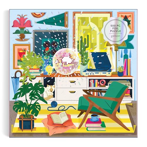 Colorful room scene with a disco ball, plants, and furniture puzzle.