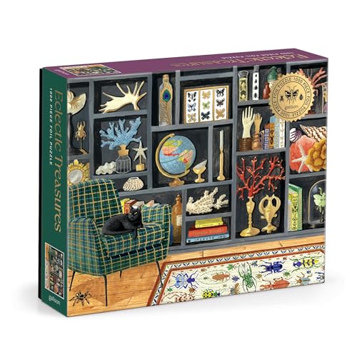 Puzzle box depicting a room with curiosities, a chair, and a black cat.