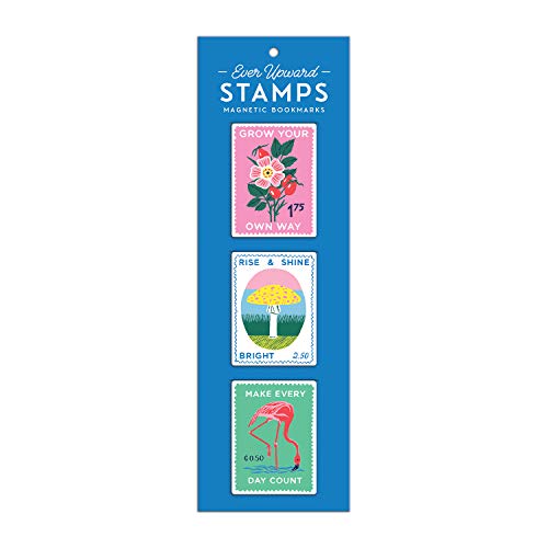 Blue bookmark with three stamp-shaped magnetic designs: flowers, mushroom, flamingo.
