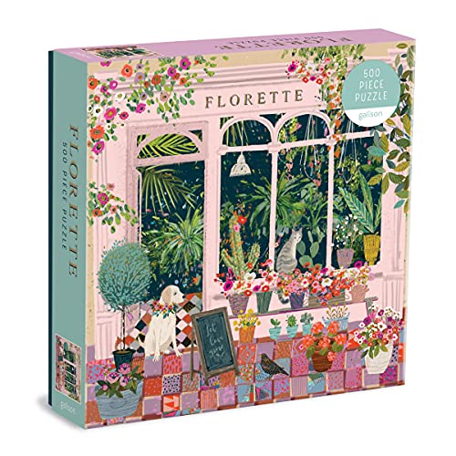 Boxed 500-piece puzzle depicting a flower shop storefront with plants and animals.