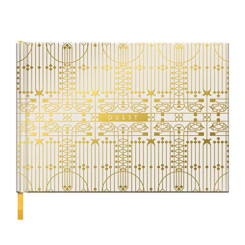 White guest book with gold geometric Frank Lloyd Wright pattern and centered GUEST text.