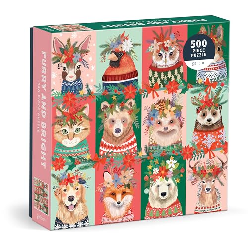 Puzzle box featuring illustrated animals in winter sweaters and floral wreaths.