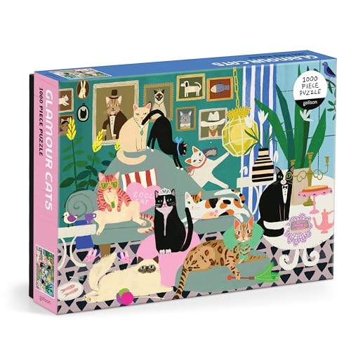 A 1000-piece puzzle box featuring an illustration of many cats in a decorated room.