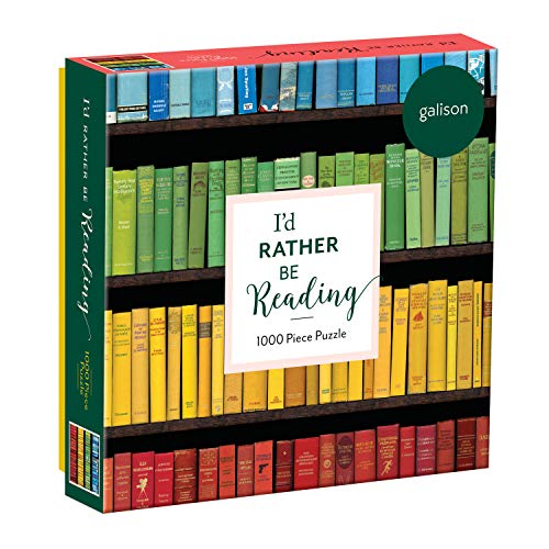 Square puzzle box depicting colorful stacked books with text: "I'd Rather Be Reading".