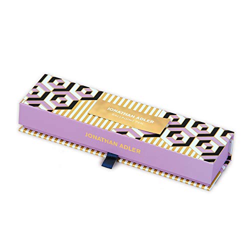 Rectangular pen box with geometric pattern in purple, gold, and black.