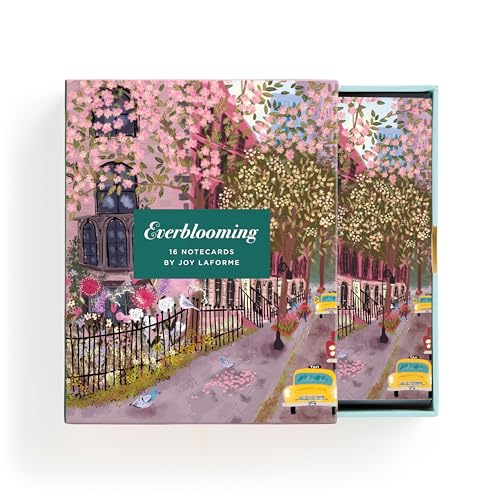 Boxed notecard assortment with a colorful, illustrated street scene.