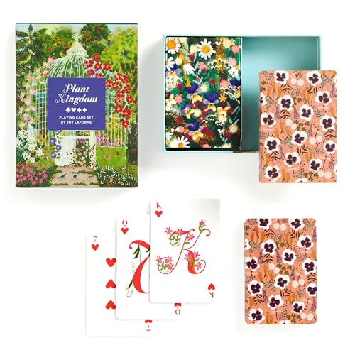 Floral playing card set in a box with a garden illustration.