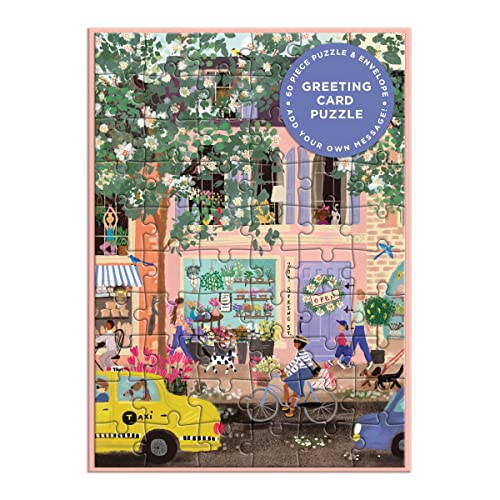 60-piece puzzle depicting a colorful street scene with shops and people.