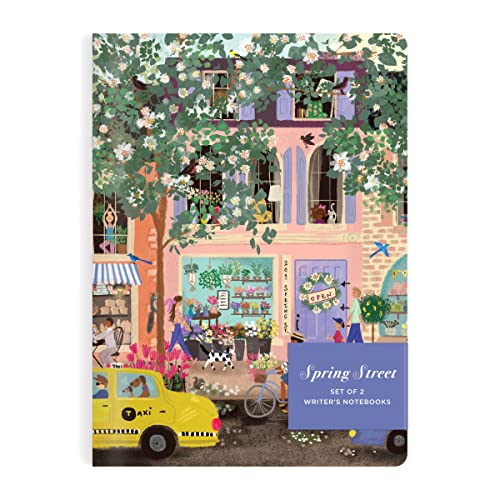 Two floral notebooks depicting a colorful street scene with shops.