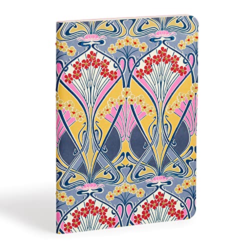 Closed journal with floral Art Nouveau pattern in yellow, pink, and blue.