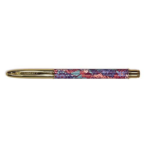 Floral patterned pen with gold accents, lying horizontally on white.