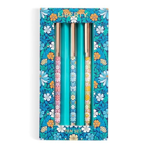 Three pens with floral patterns in a decorative box featuring blue and orange flowers.